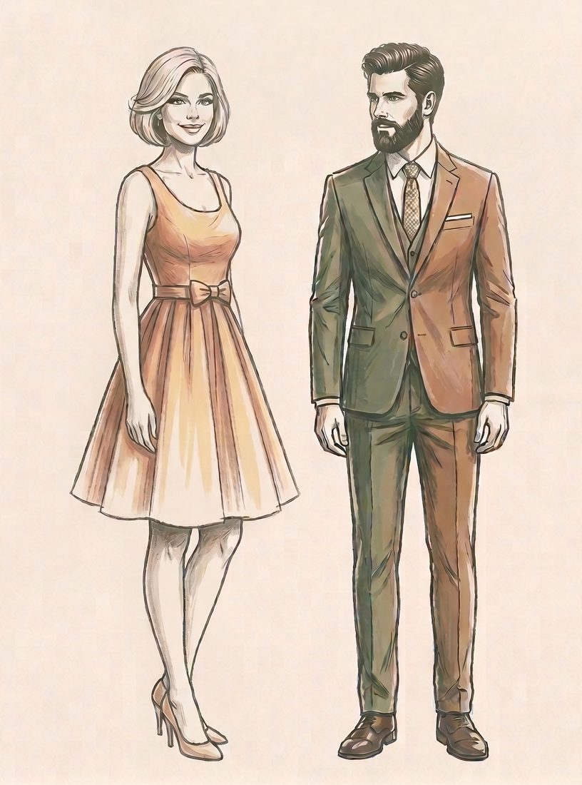 Illustration eines festlich gekleideten Paares in warmen, gedeckten Tönen